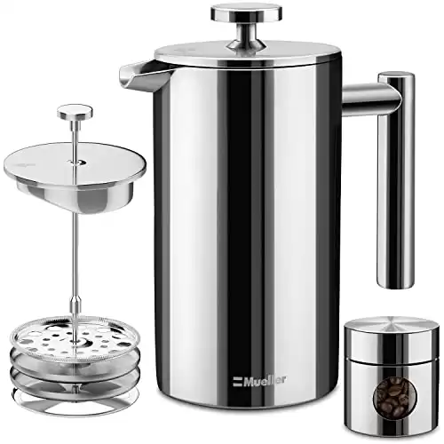 Mueller French Press Double Insulated Stainless Steel Coffee Maker 4 Level Filtration System, Rust-Free, Dishwasher Safe