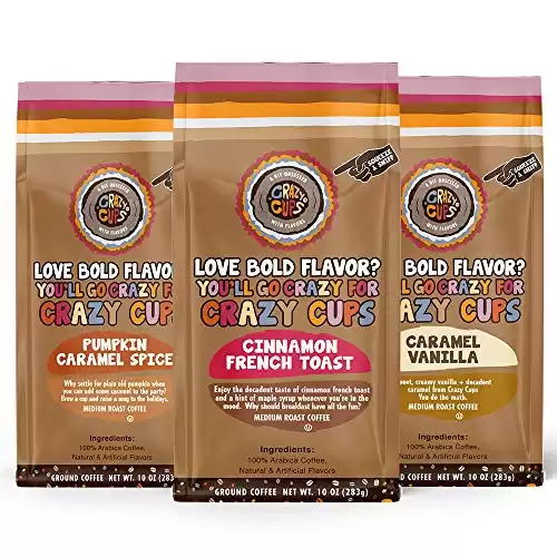 Crazy Cups Flavored Ground Coffee Variety Pack, Includes Cinnamon French Toast, Caramel Vanilla, Pumpkin Caramel Spice